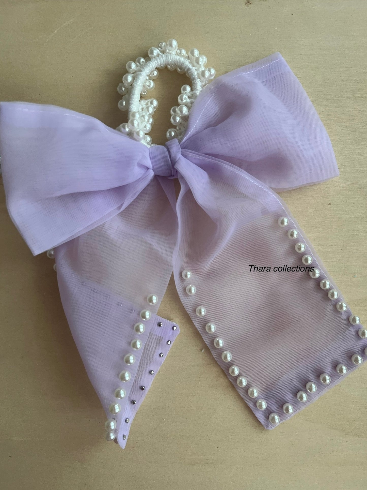Elegant Pearl-Embellished Organza Bow Hair Tie (For Kids & Adults)