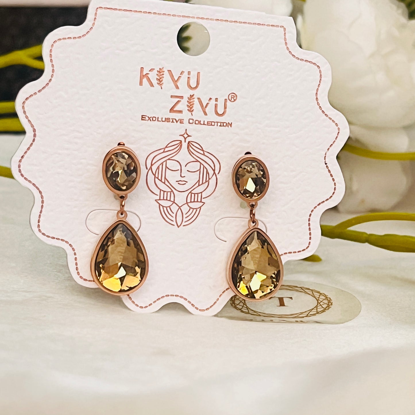 Oval Crystal Statement Drop RoseGold Earrings