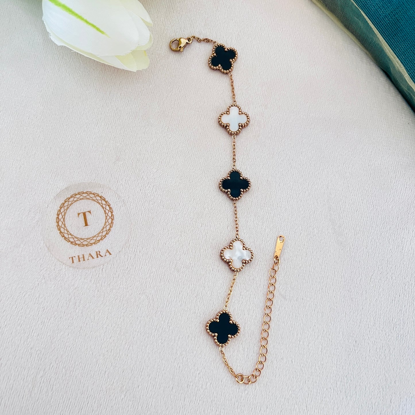 Stainless Steel Black & White Clover Chain Bracelet