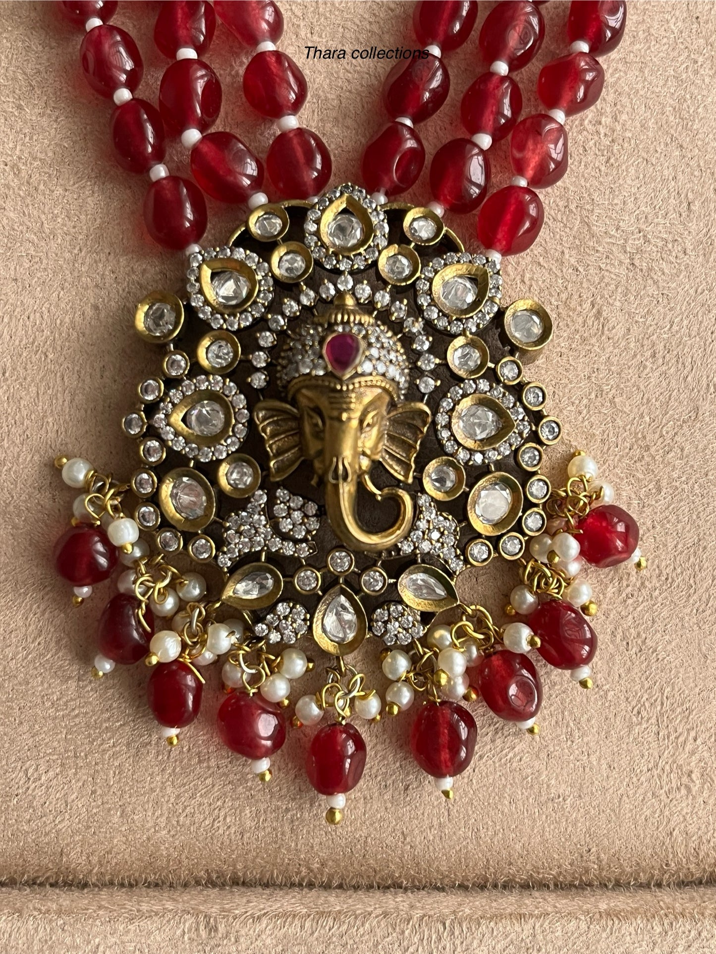 Regal Victorian Ruby Beads Necklace with Ganesha Pendant