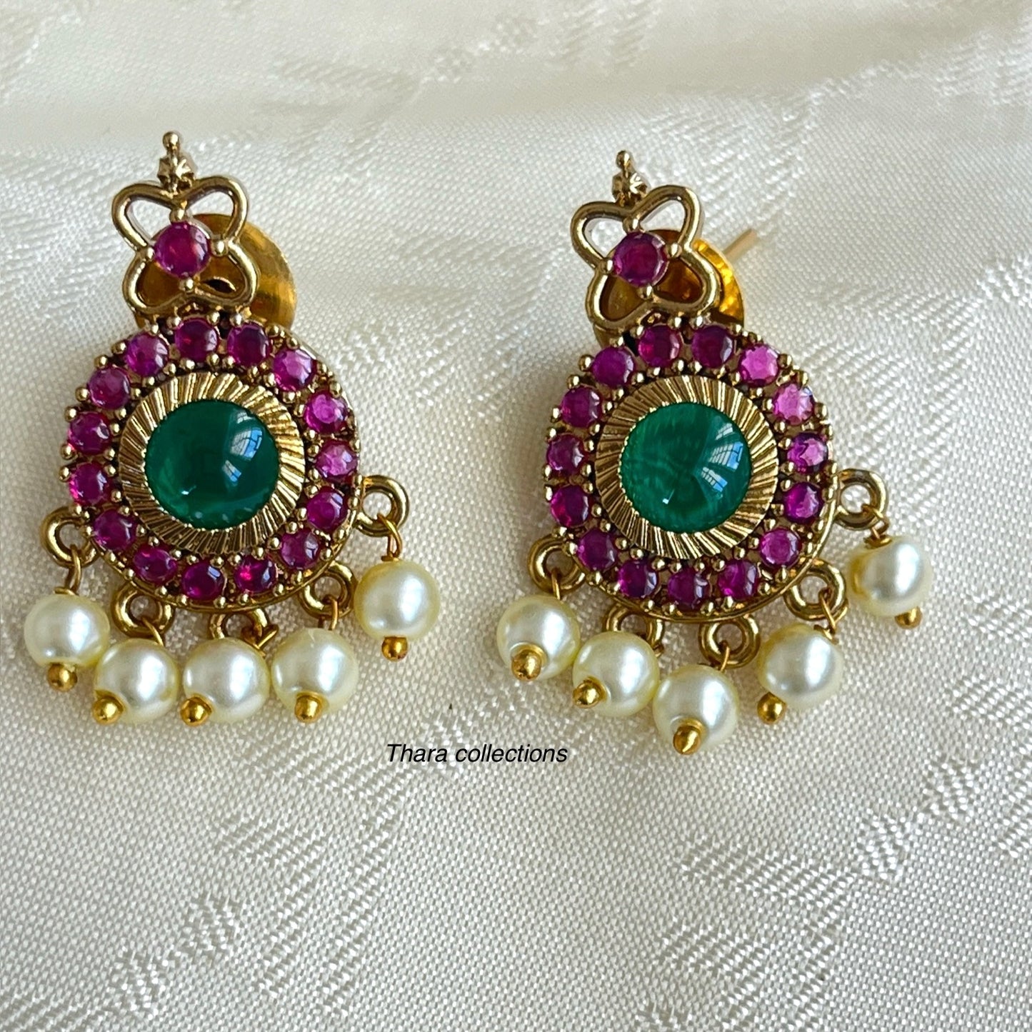 Traditional Gold-Plated Temple Necklace Set with Ruby & Emerald Accents