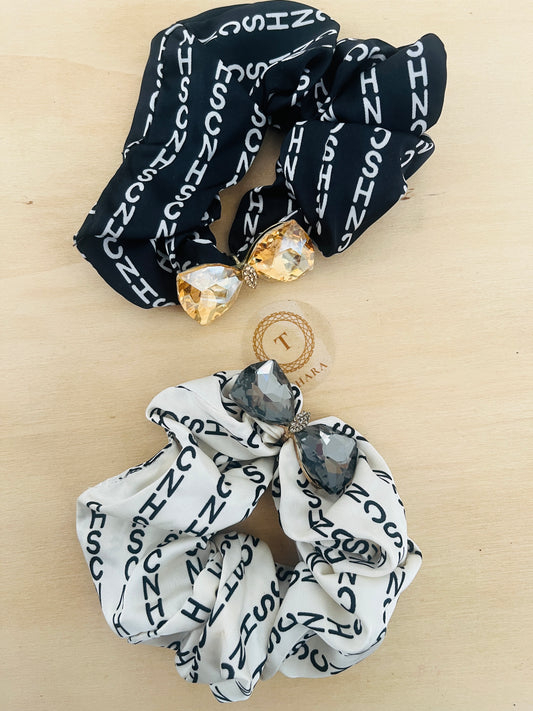 Premium Printed Scrunchie with Statement Gemstone Bow β Luxe Hair Accessory