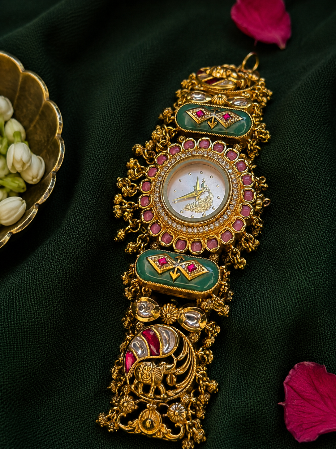 Peacock Motif white dial watch
