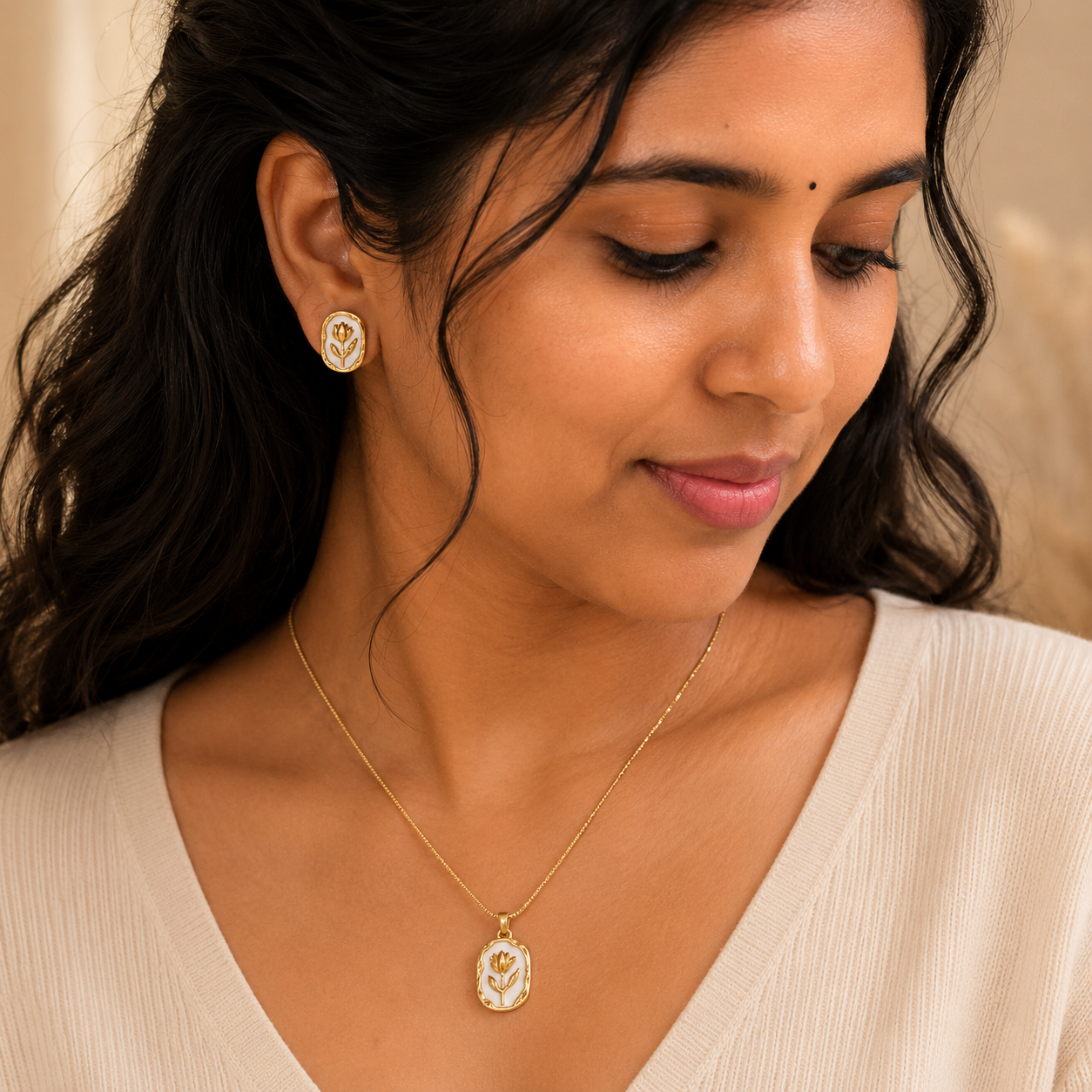 Thara Collections TA127 rose marble pendant earring combo set lifestyle flat lay product image