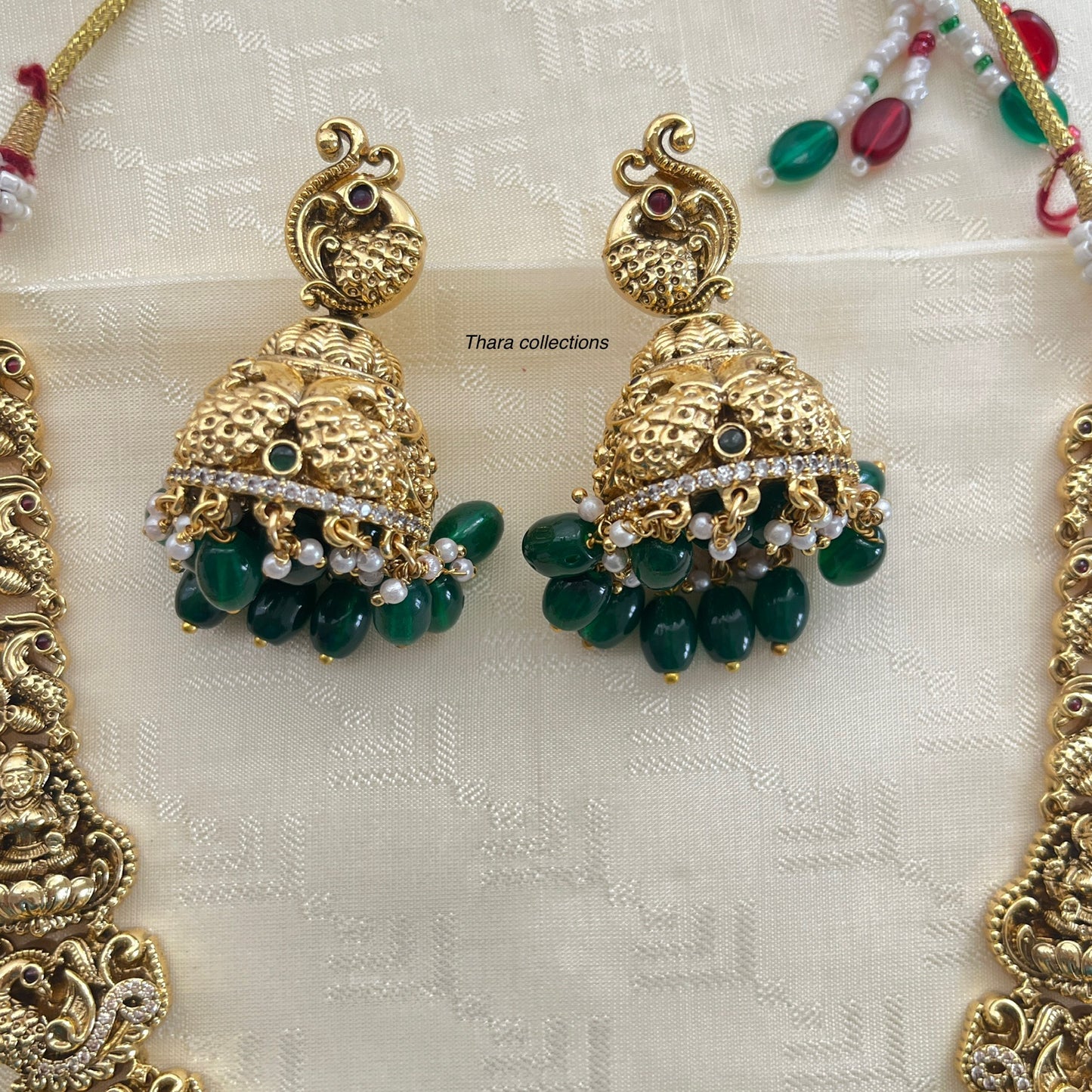 Antique Lakshmi Temple Necklace Set with Green Beads