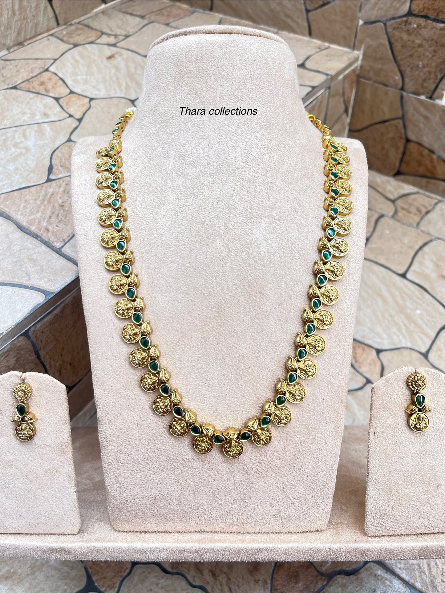 Antique Lakshmi Coin Necklace Set with Green Kemp Stones