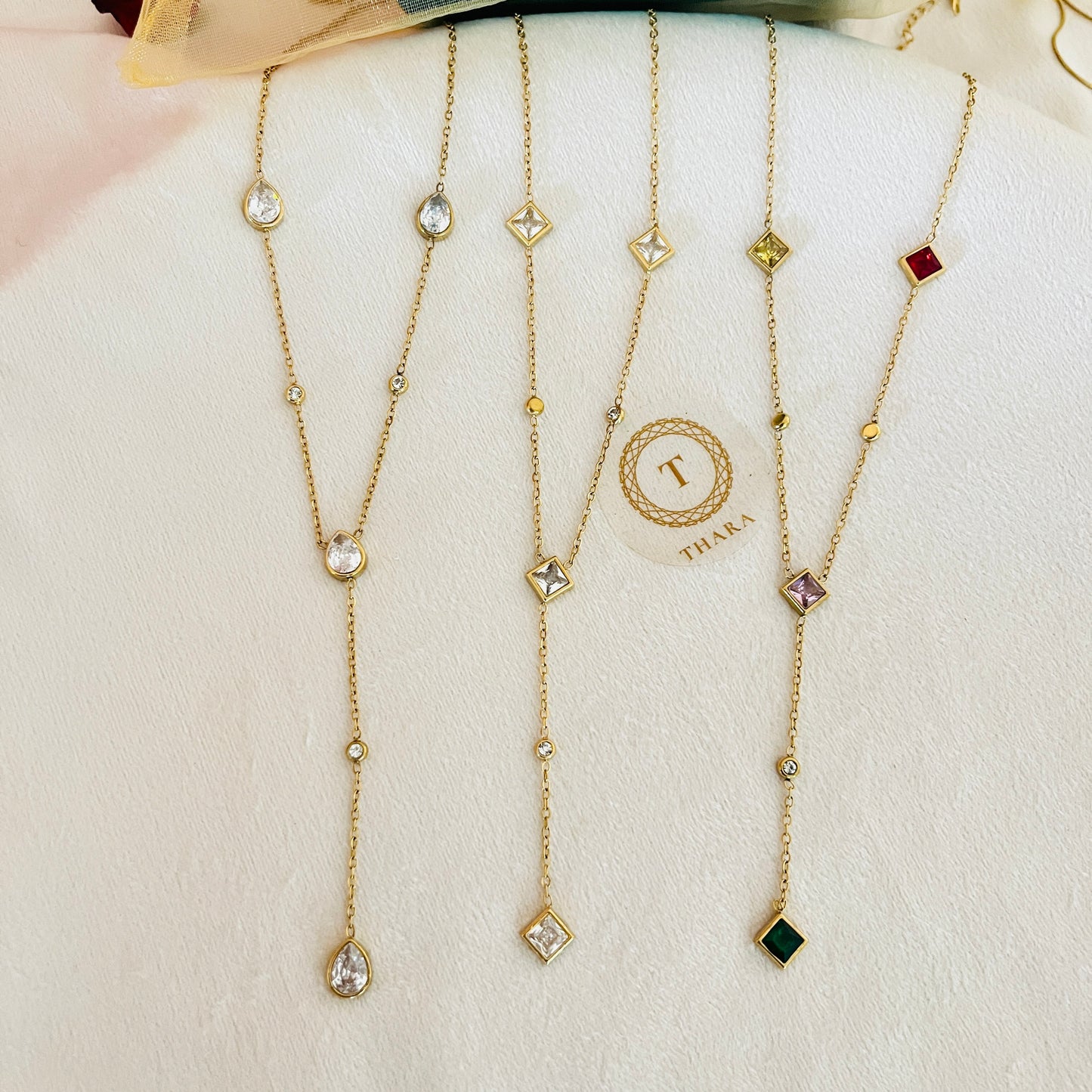 Geometric Crystal Drop Chain Necklace – Dainty Adjustable Chain