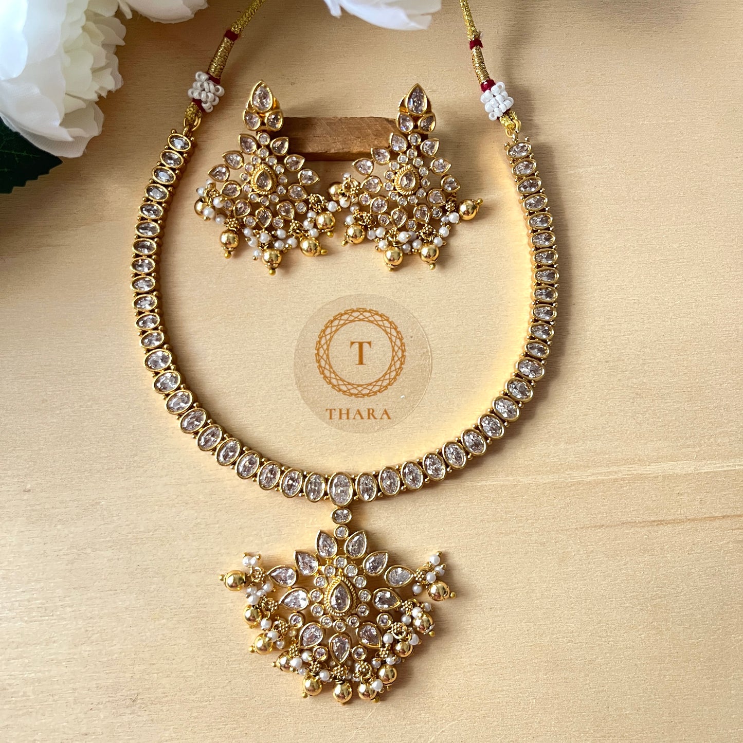 Elegant AD Stone Choker Necklace Set with Pearl Drops