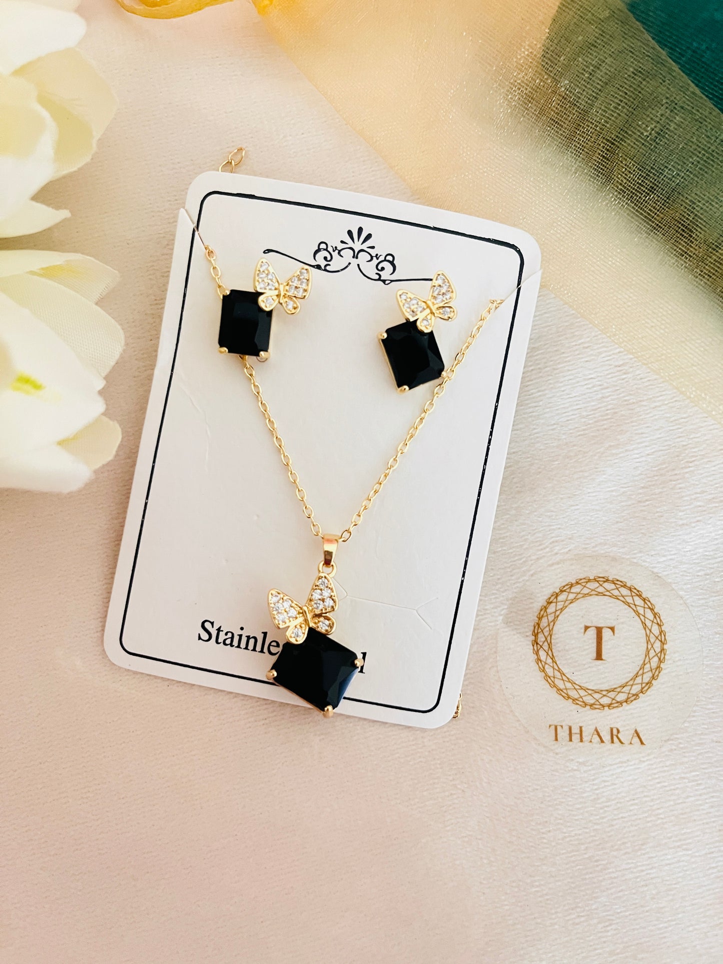Dainty Butterfly with Square Pendant Chain with Earrings