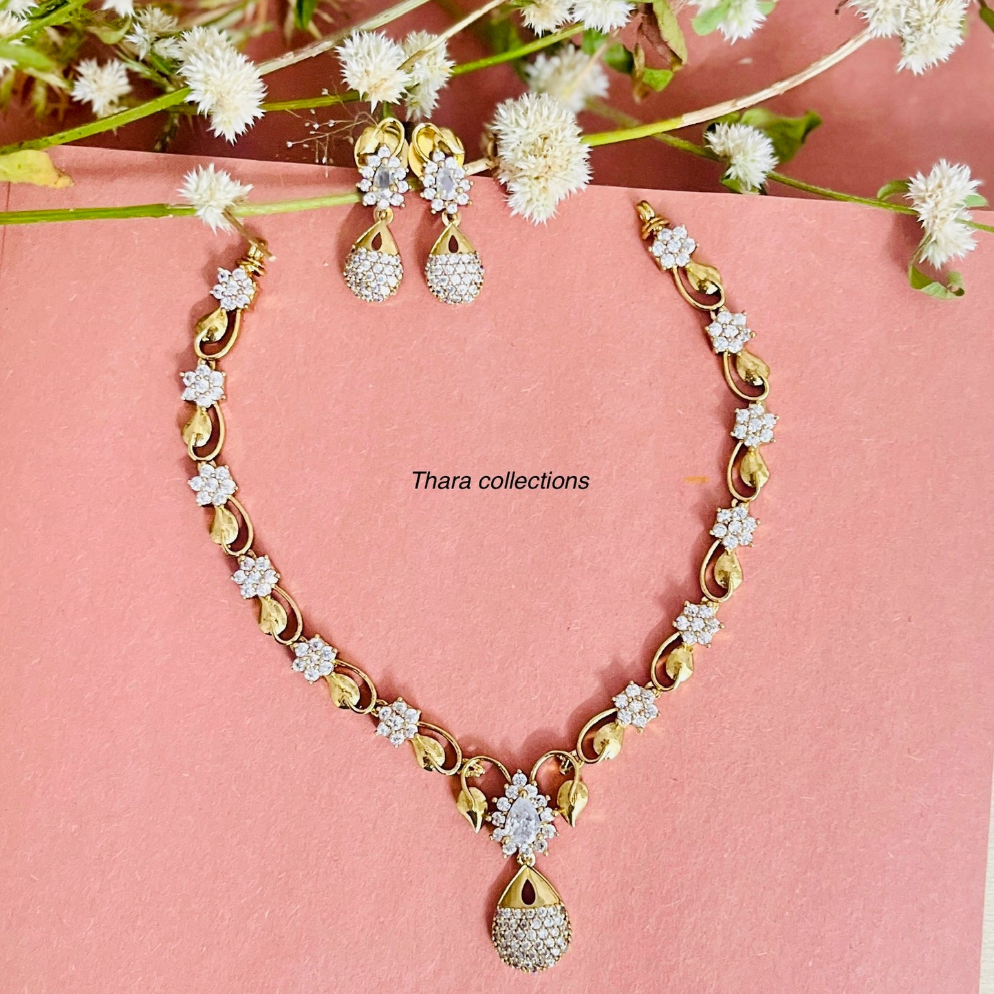 Elegant Gold & CZ Floral Necklace Set