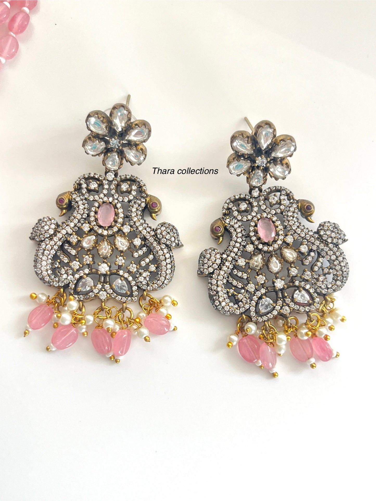 Victorian Pink Beads Necklace Set with Dual Peacock Pendant & Matching Earrings