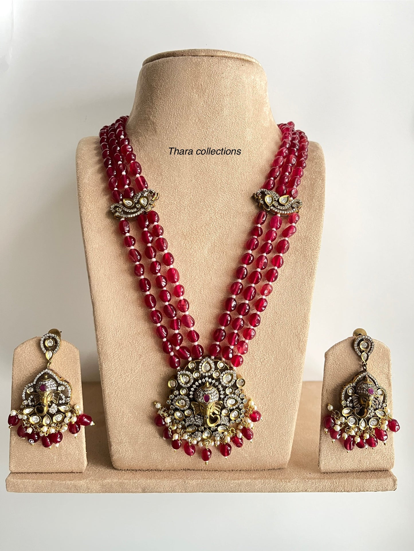 Regal Victorian Ruby Beads Necklace with Ganesha Pendant