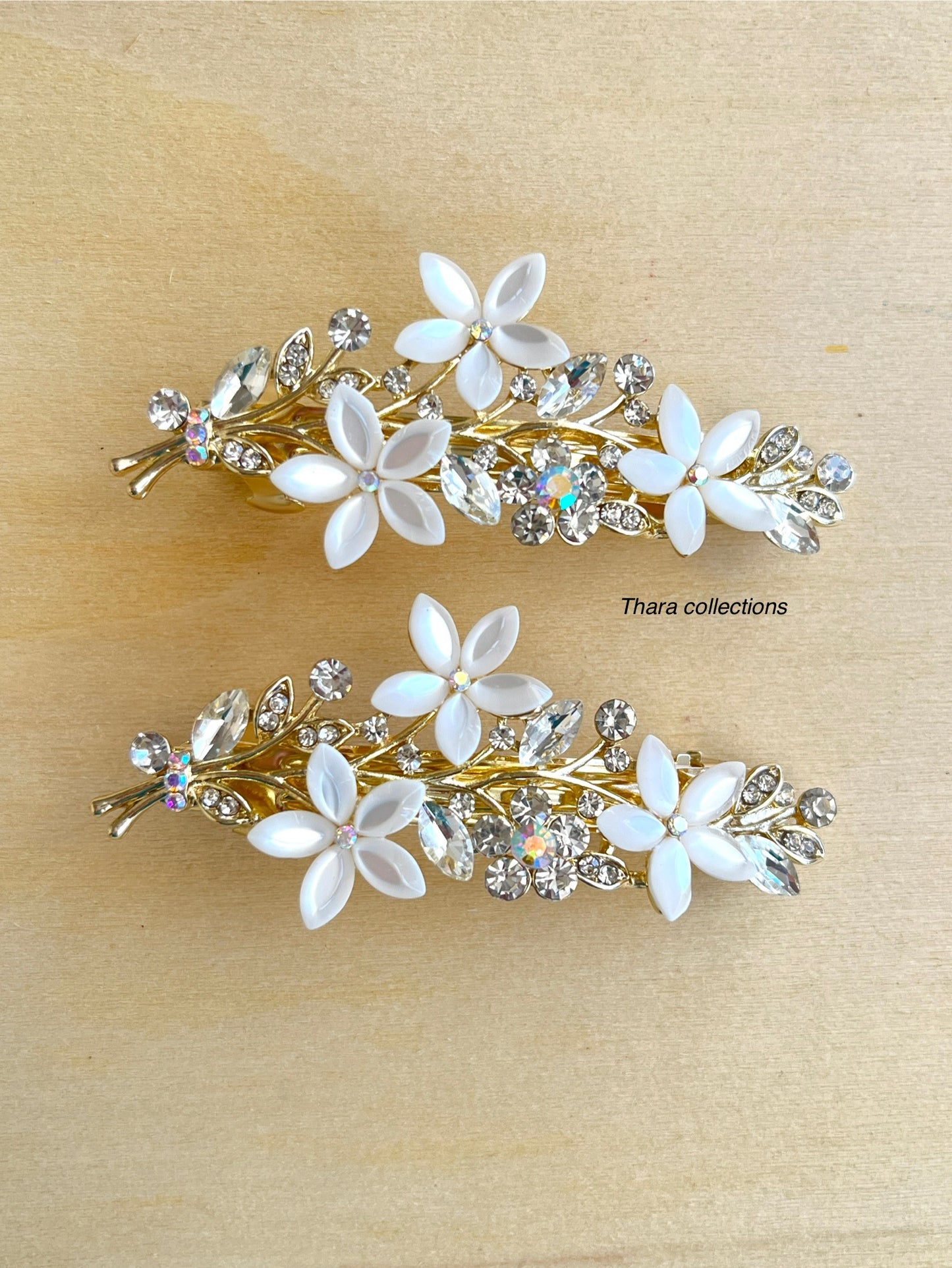 Floral Crystal Hair Barrette – Elegant Gold Finish