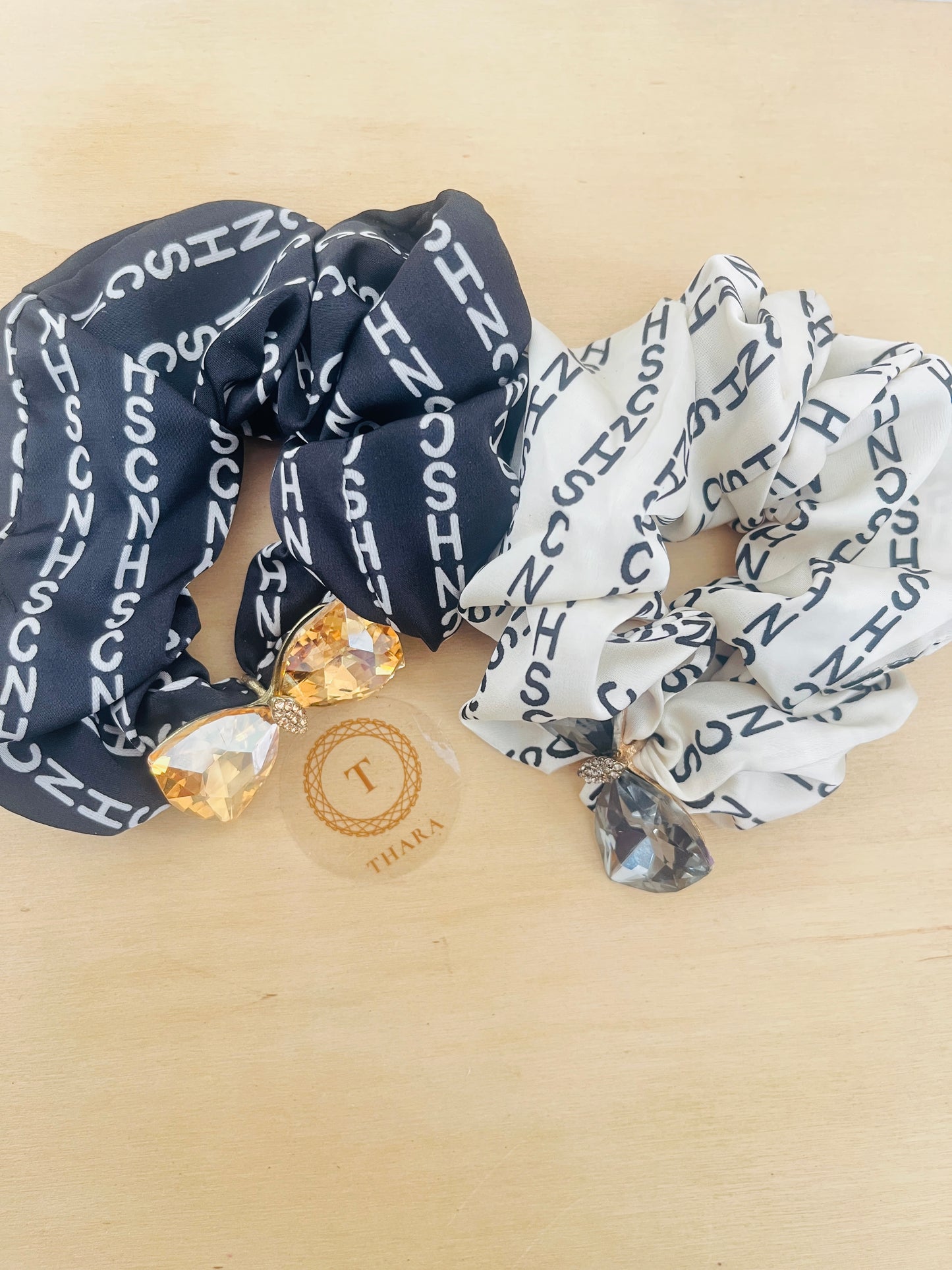 Premium Printed Scrunchie with Statement Gemstone Bow β Luxe Hair Accessory