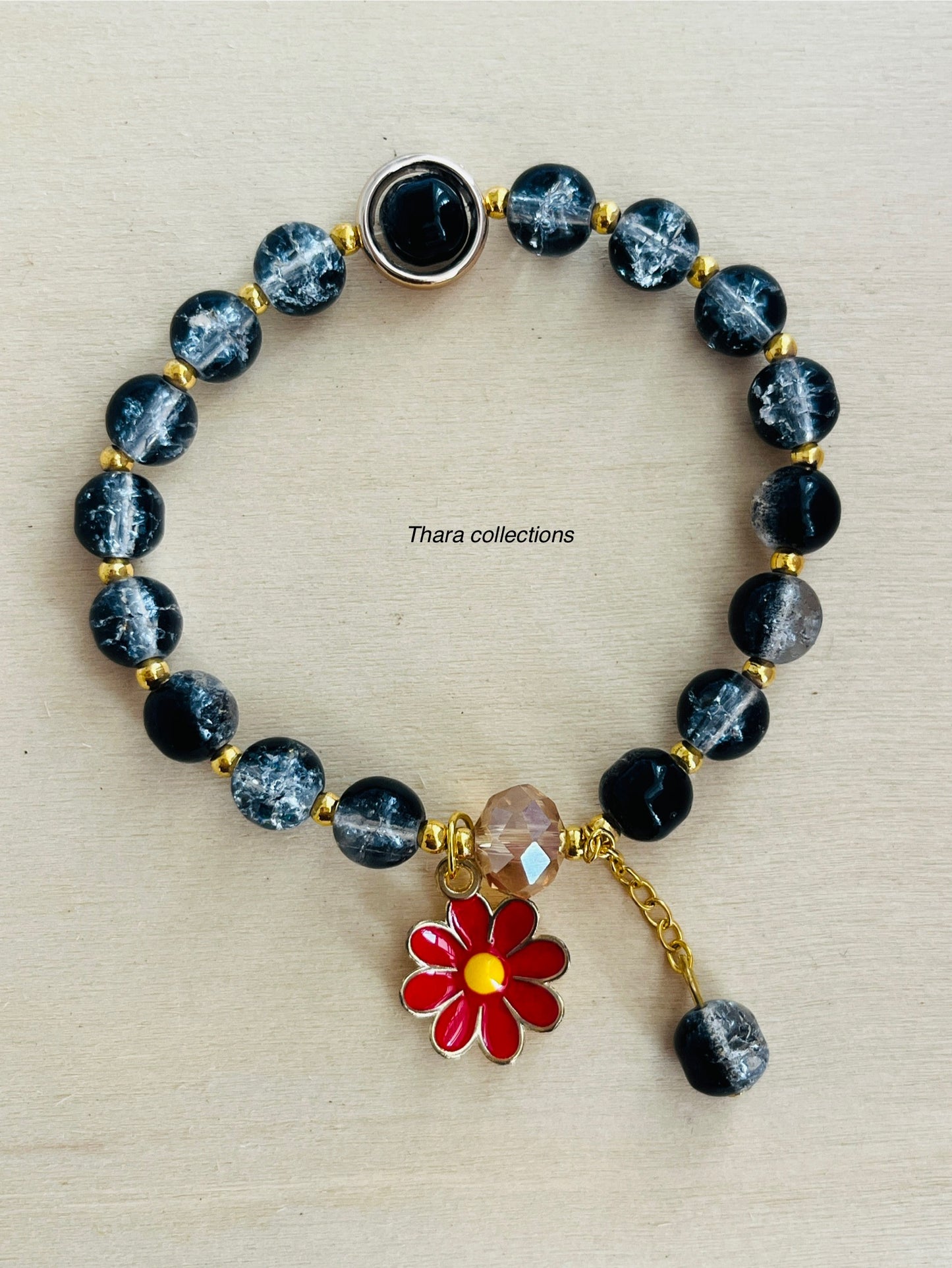 Black Beads - Red Daisy Charm Bracelet