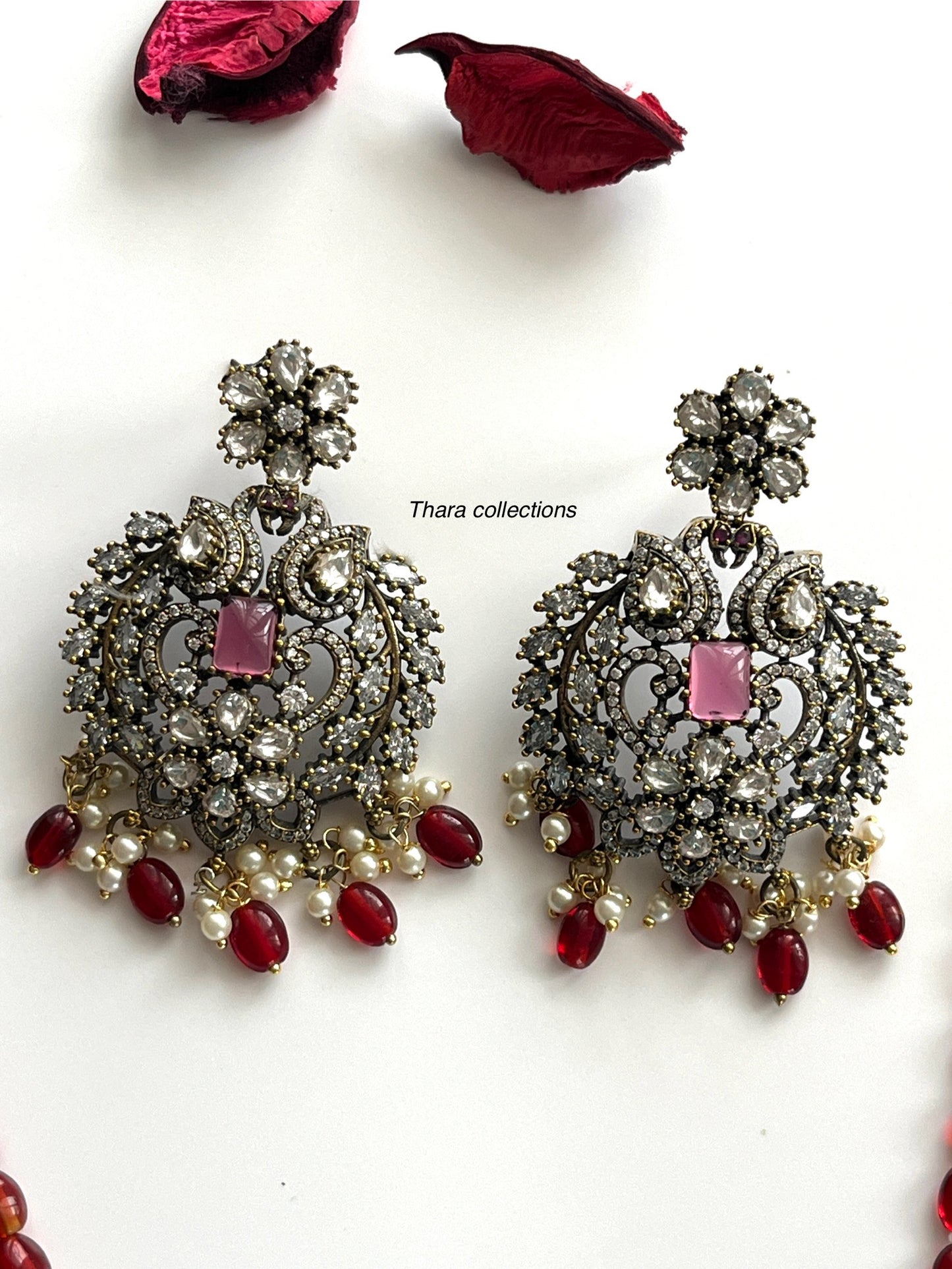 Regal Red Victorian Beads Necklace Set with Oxidized Silver Pendant & Matching Earrings