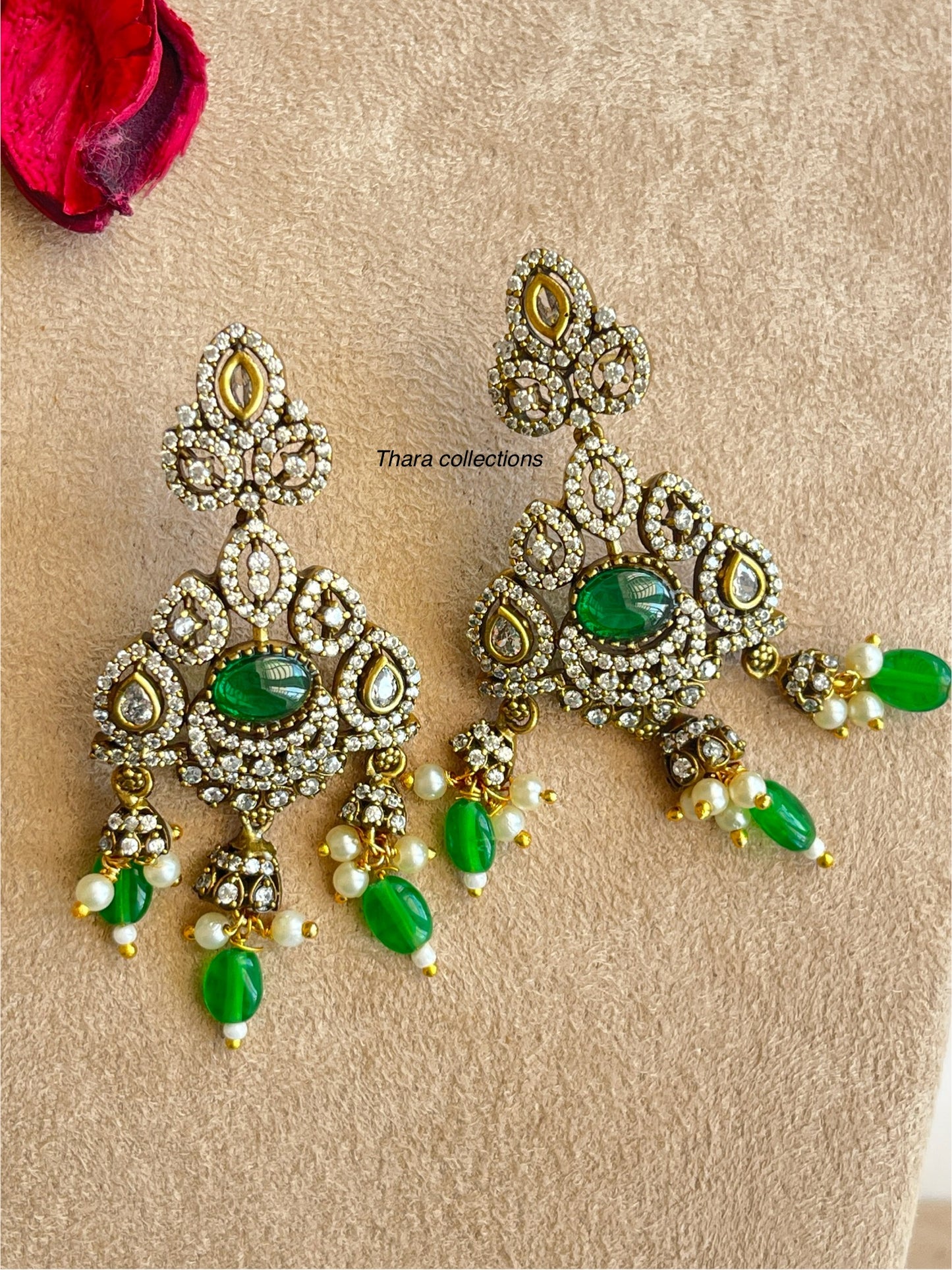 Victorian Green Beaded Choker Necklace Set with Antique Pendant & Earrings