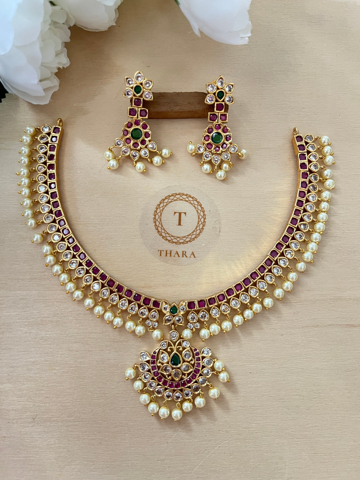 Traditional Ruby Pearl Choker Necklace Set