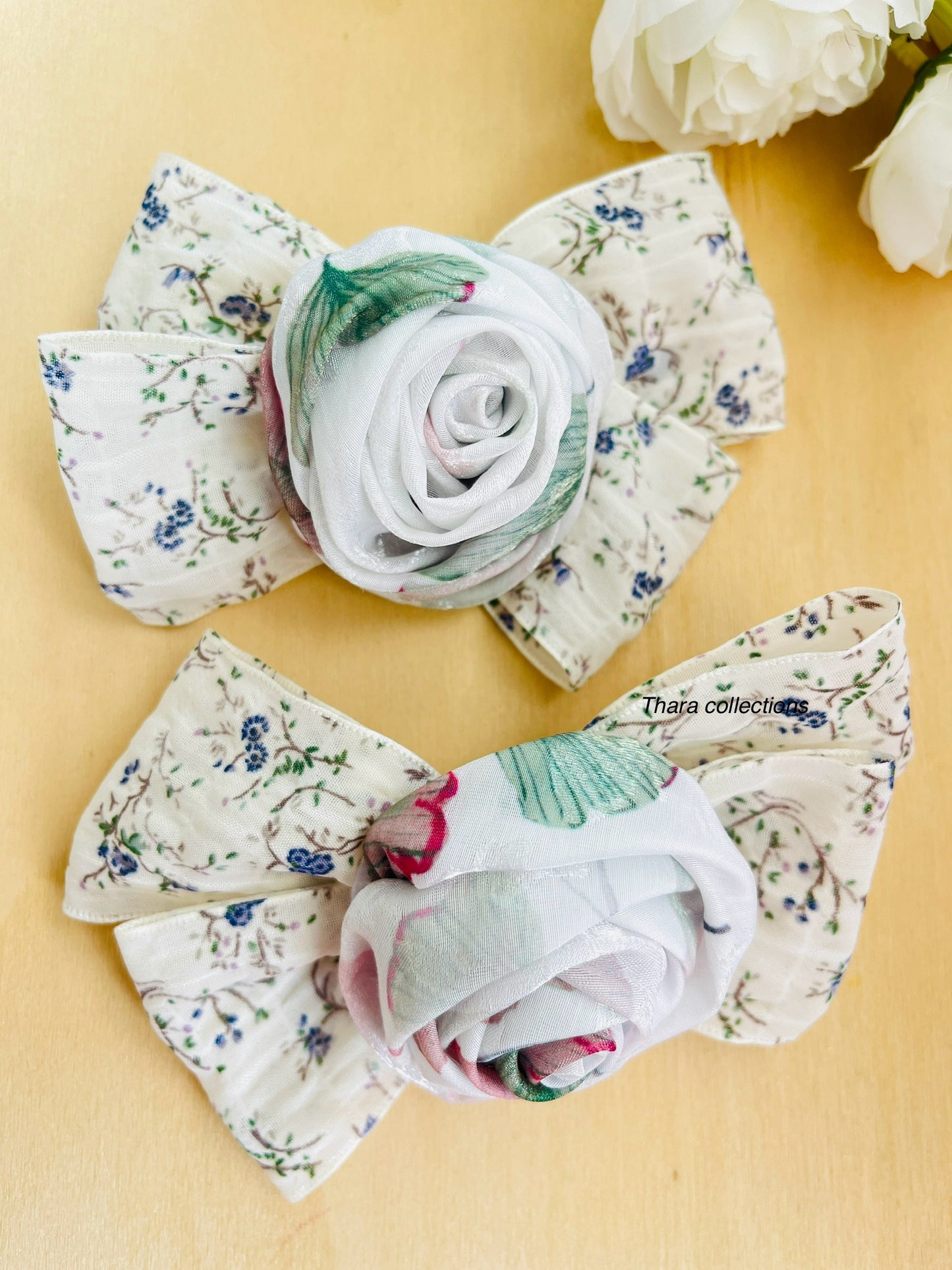 Vintage Garden Bow Clips – Floral Fabric with Rose Center
