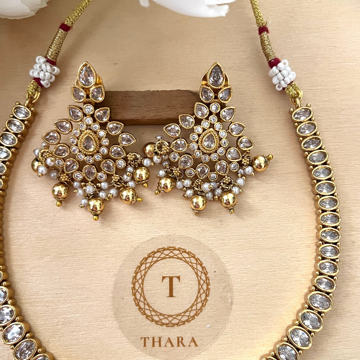 Elegant AD Stone Choker Necklace Set with Pearl Drops