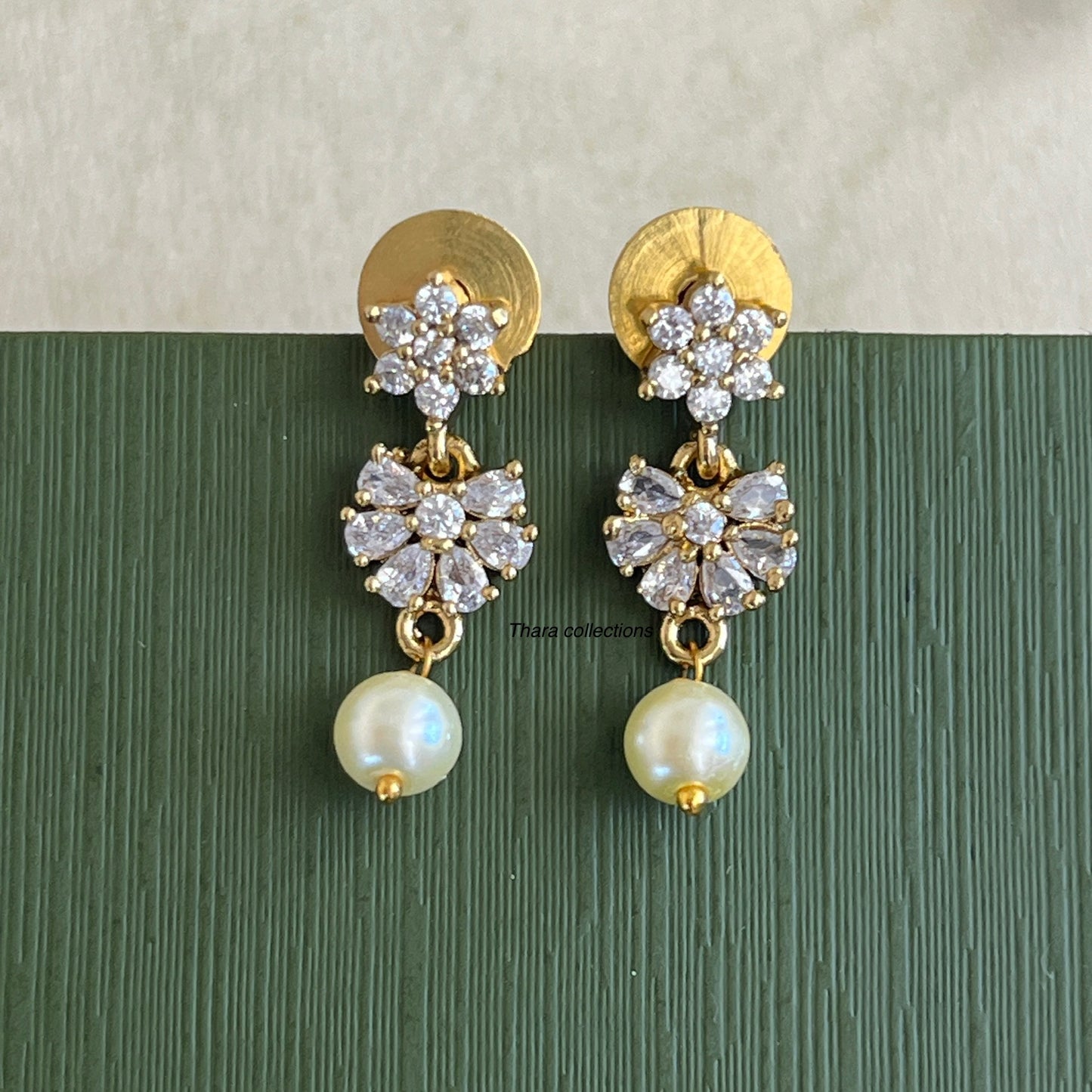 Elegant Pearl Drop CZ Necklace Set – Gold-Plated Floral Design