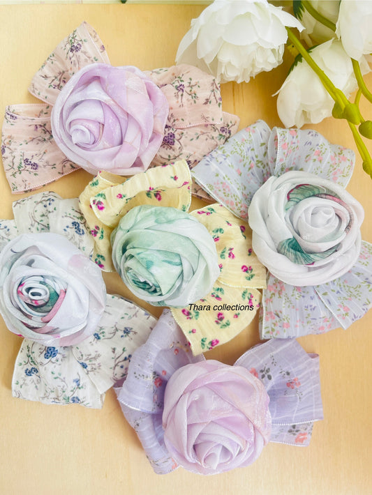 Vintage Garden Bow Clips – Floral Fabric with Rose Center
