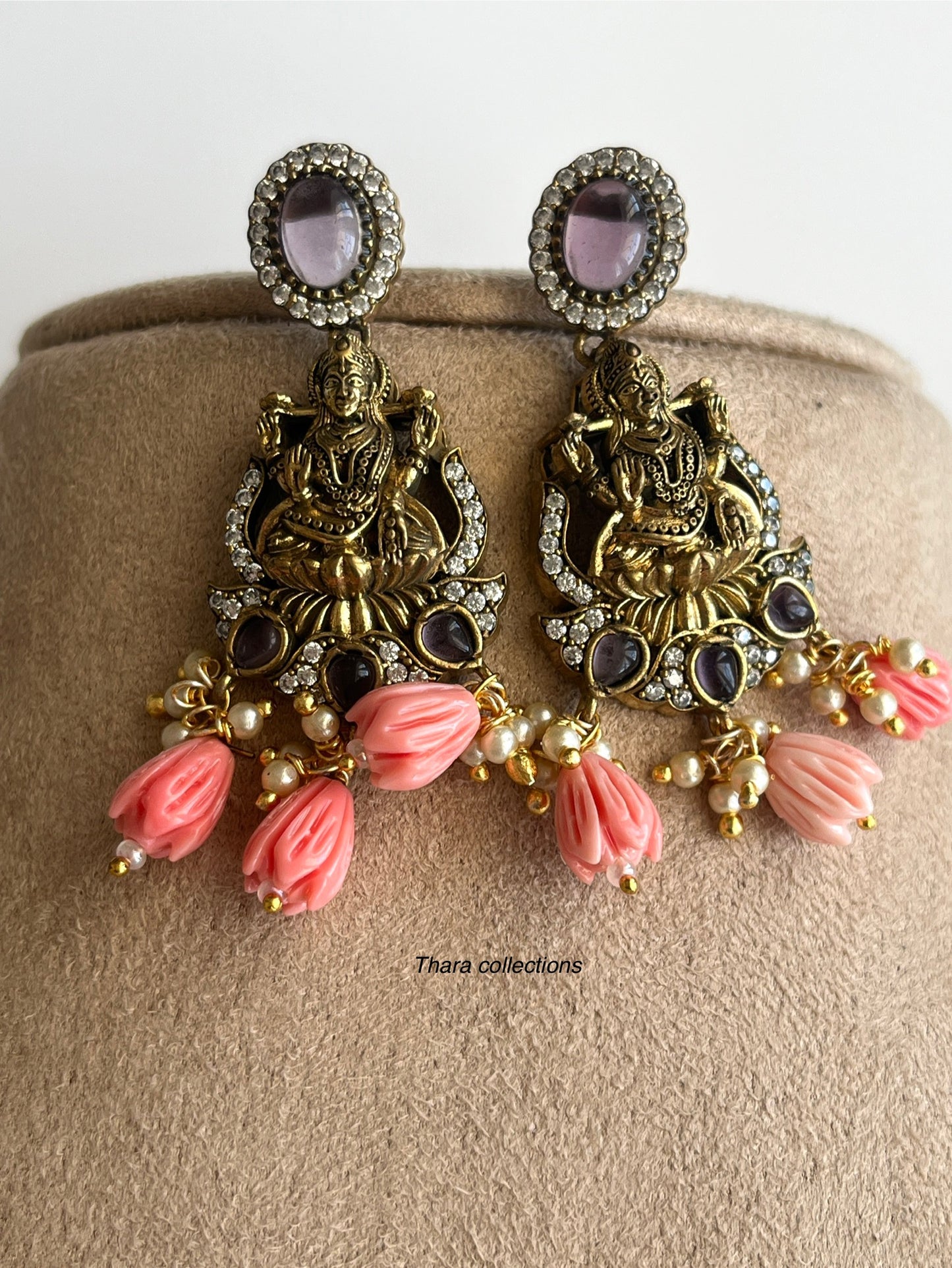 Dual-Tone Victorian Temple Beads Necklace Set with Goddess Lakshmi Pendant & Earrings
