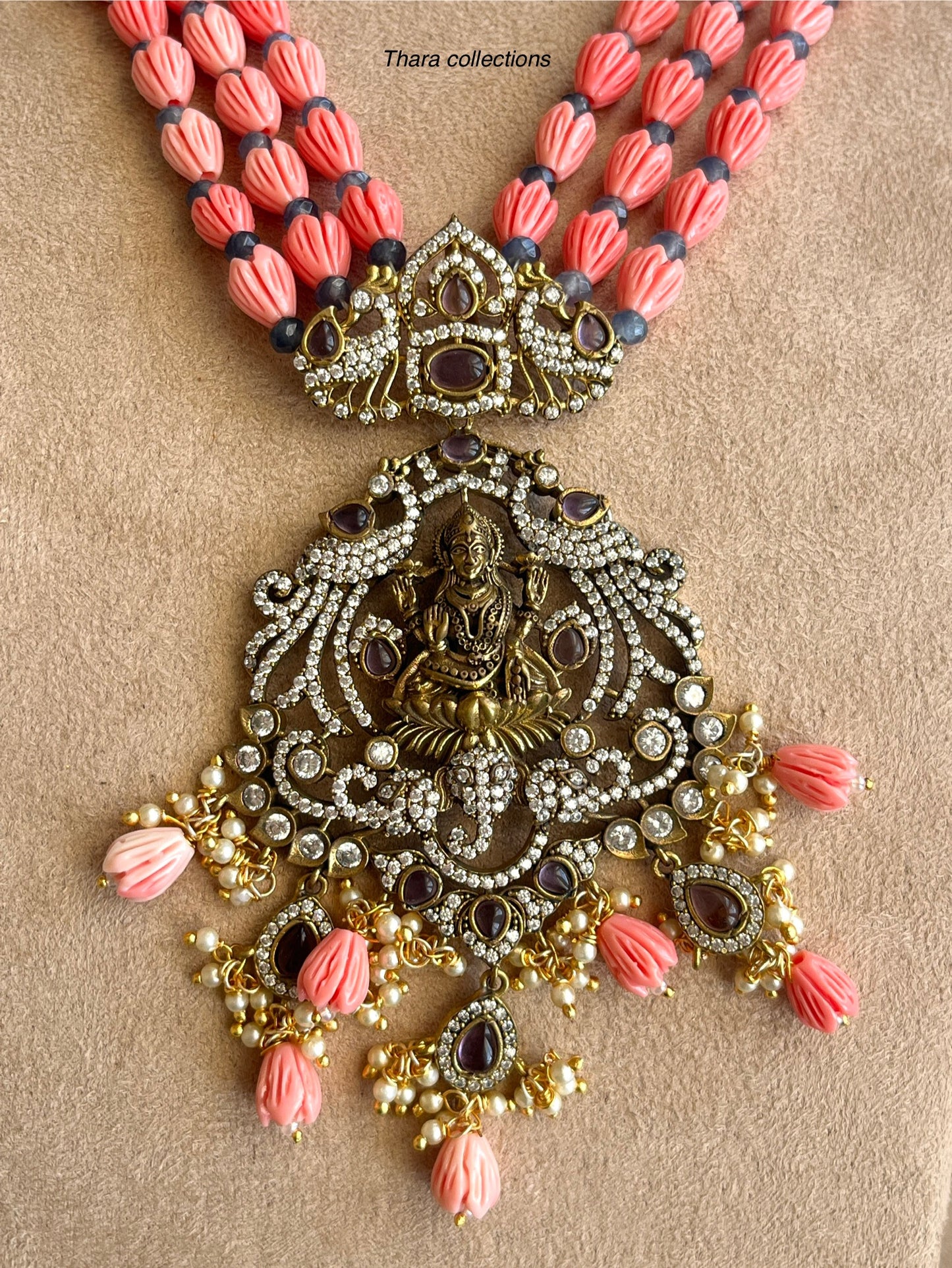Dual-Tone Victorian Temple Beads Necklace Set with Goddess Lakshmi Pendant & Earrings