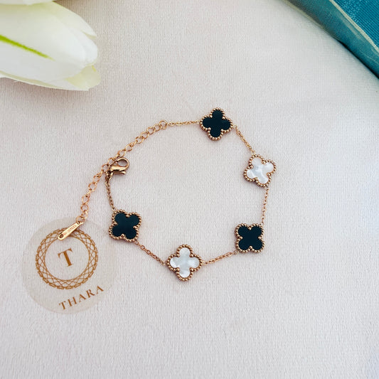 Stainless Steel Black & White Clover Chain Bracelet
