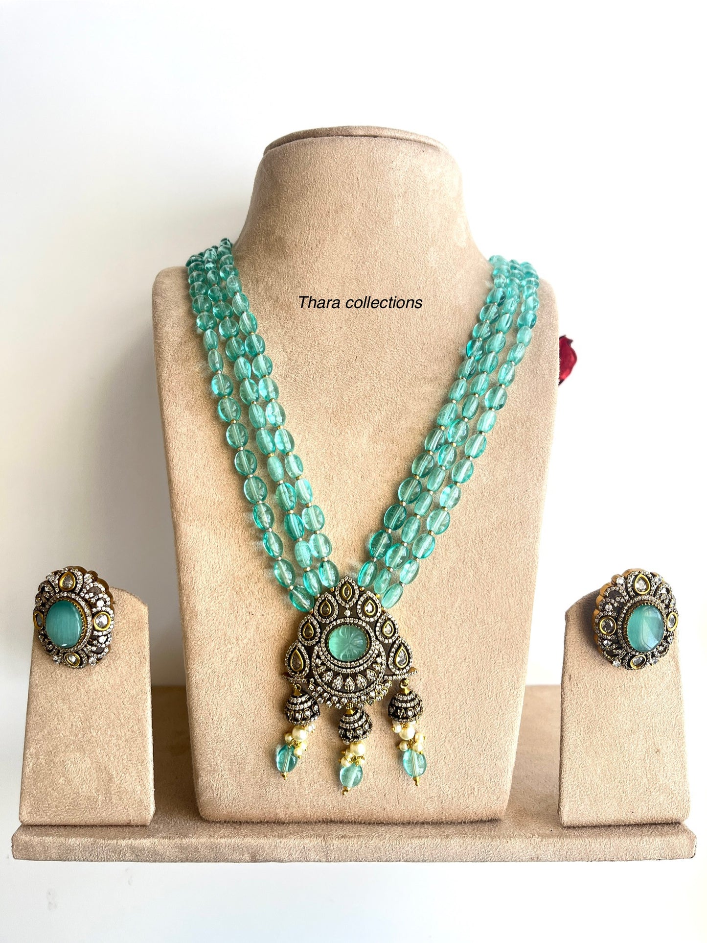 Victorian Aqua Blue Beaded Necklace Set with Antique Pendant & Stud Earrings