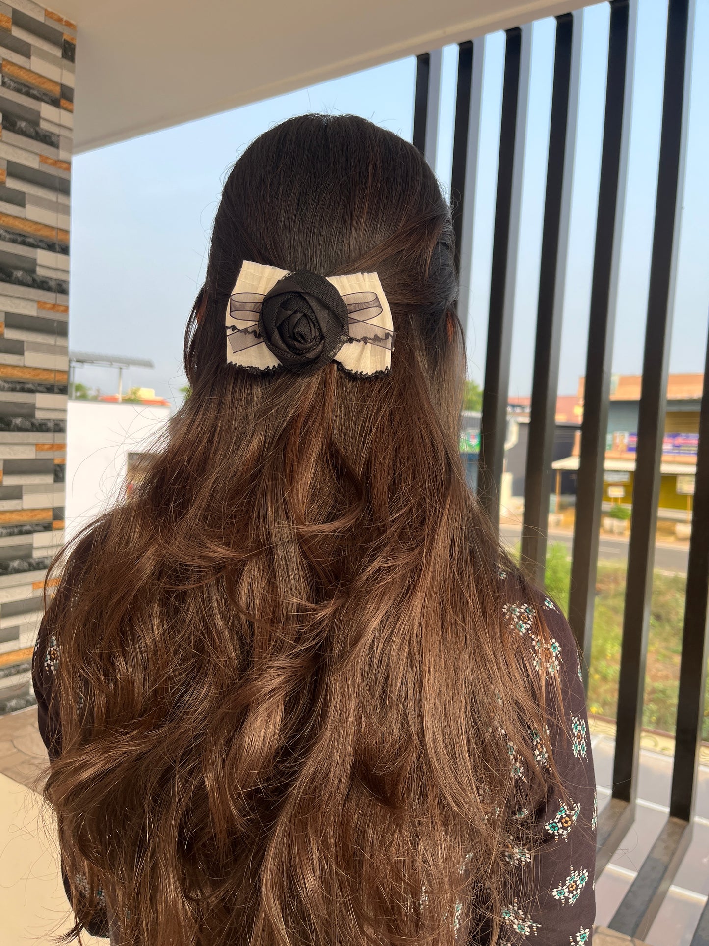 Textured Pleated Bow Clips with Net Rose Center