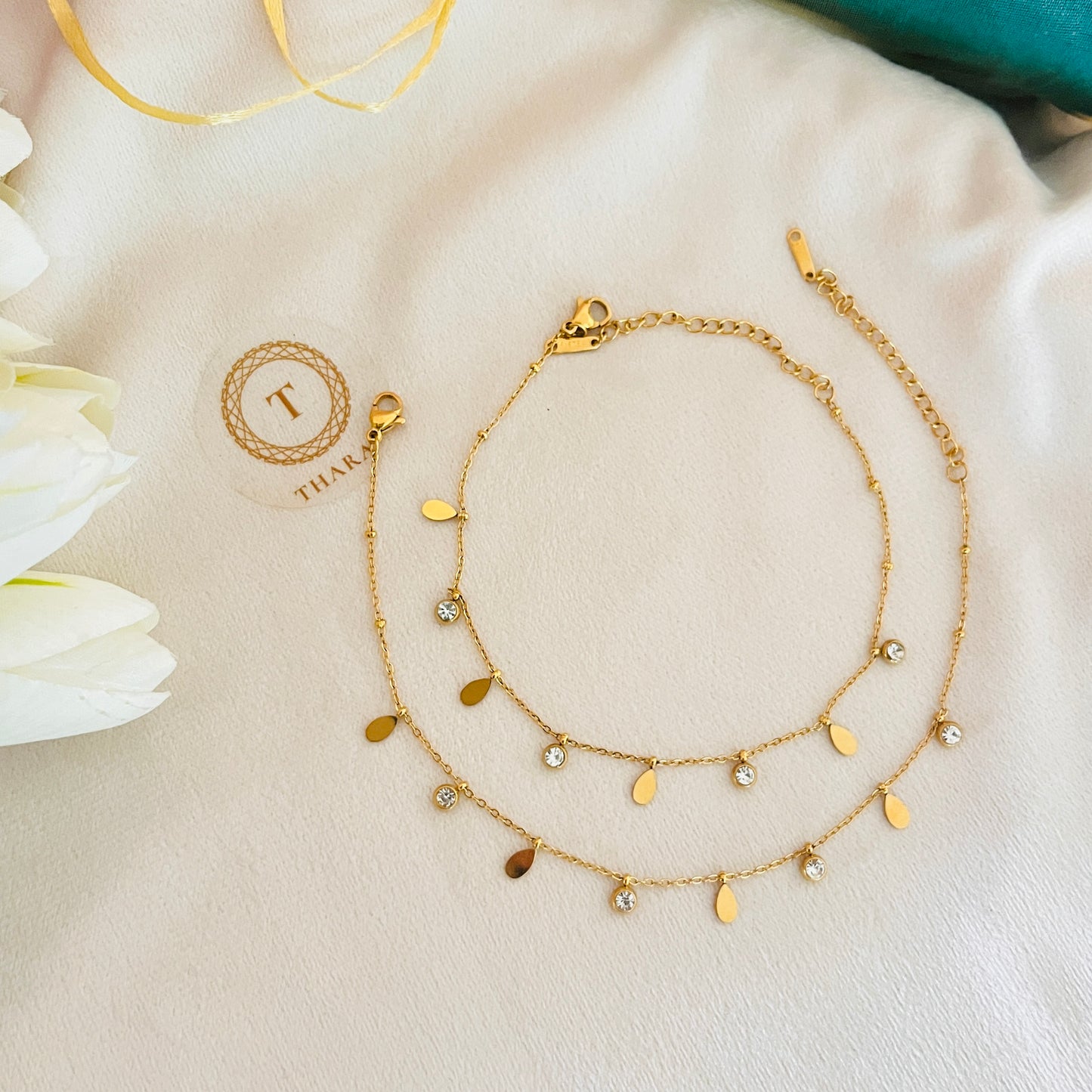 Dainty Drops White Stone Anklet - Adjustable