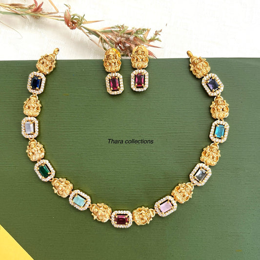 Antique Lakshmi Multicolor Stone Necklace & Earring Set – Temple Jewelry