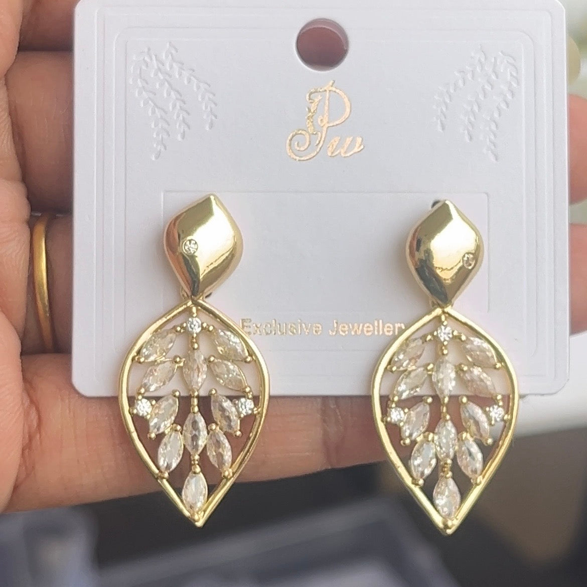 Crystal Leaf Gold Dangle Earrings