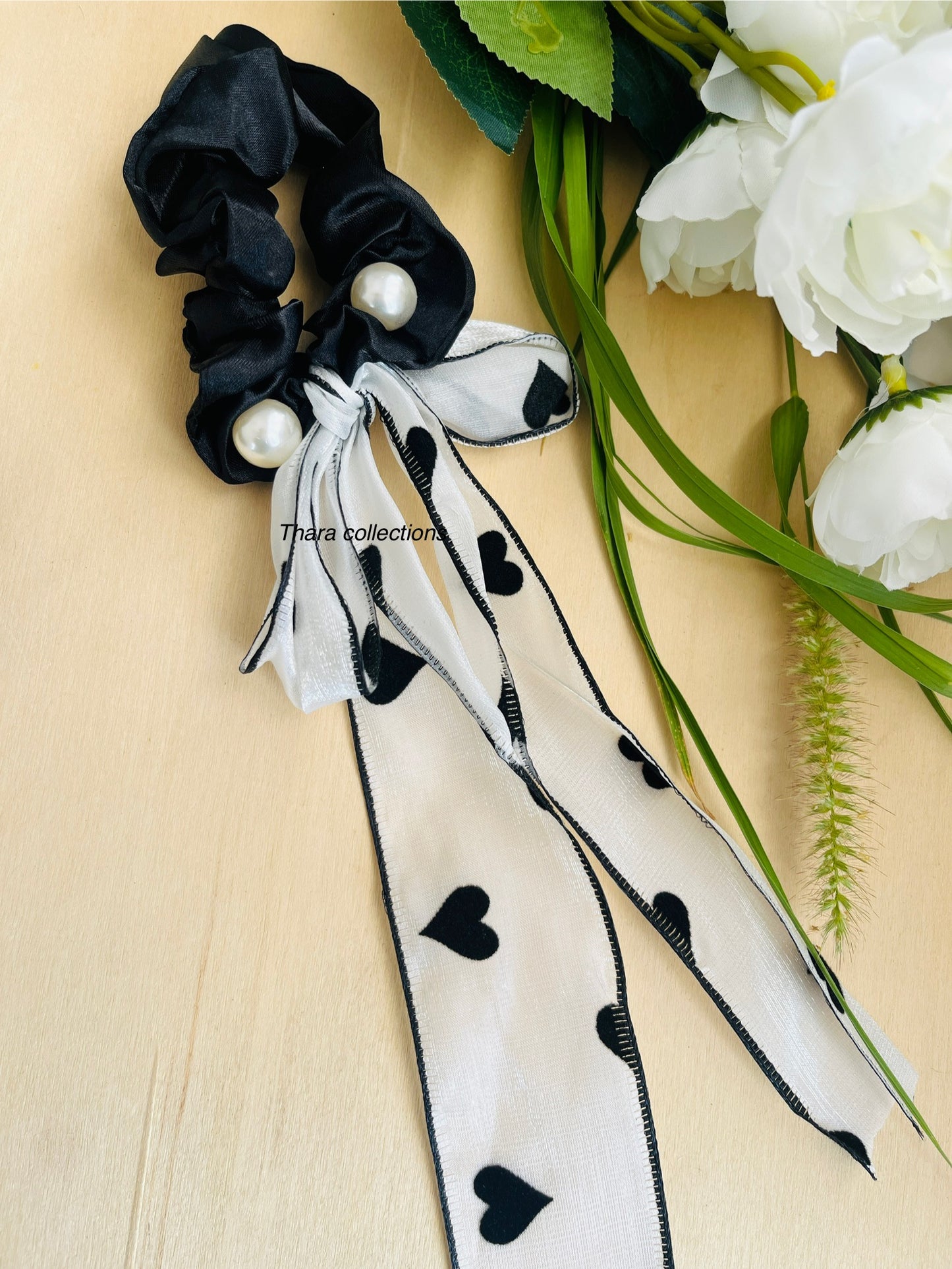 Black with White Pearl bow Ribbon type Scrunchie