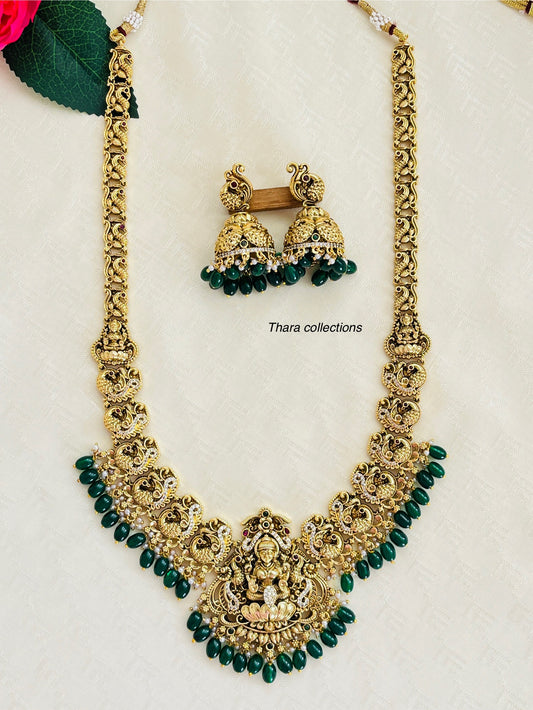 Antique Lakshmi Long Haram with Green Beads