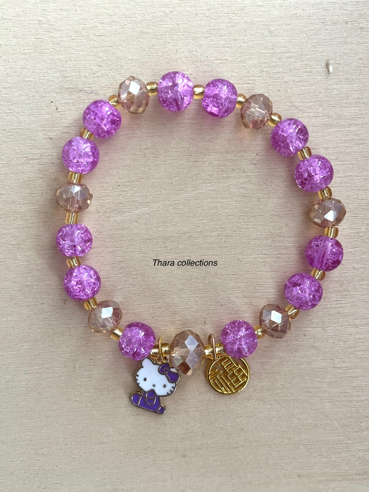 Purple Charm Bracelet - Floral & Kitty