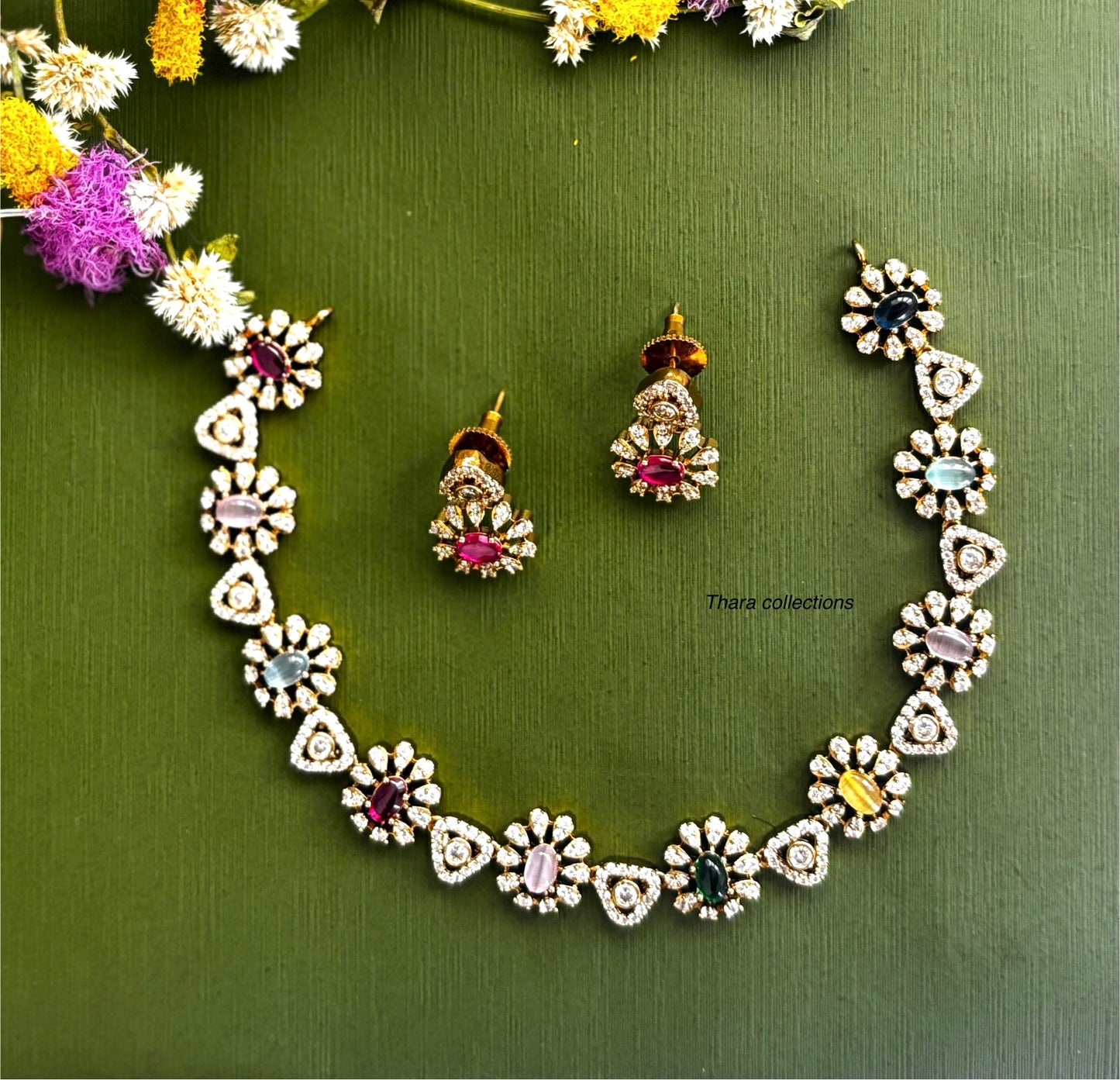 Navaratna kundan polki Necklace Set with Multi-Stone Accents