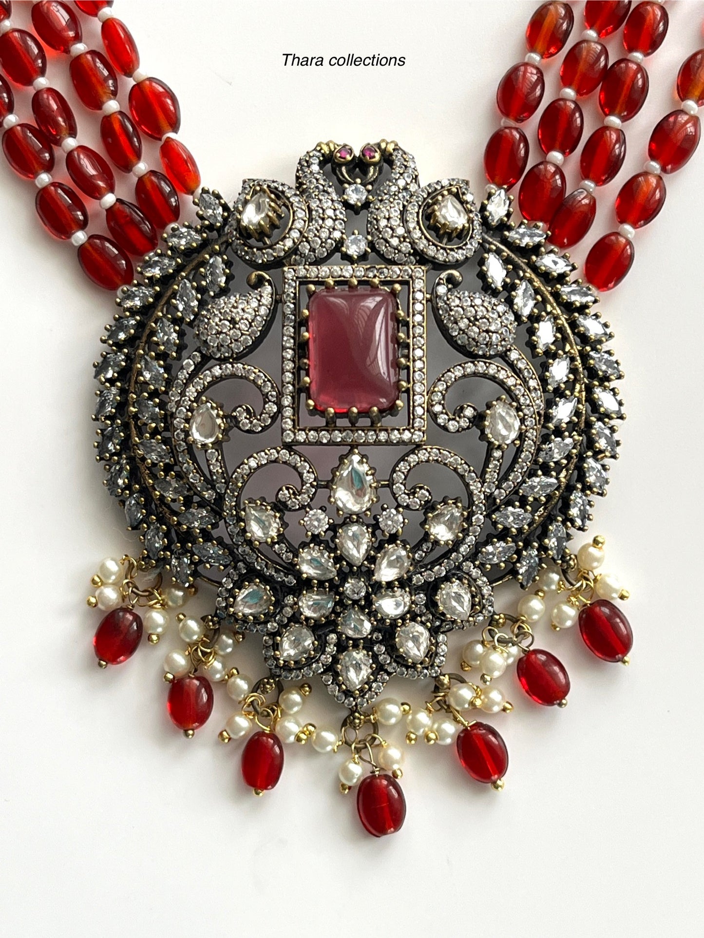 Regal Red Victorian Beads Necklace Set with Oxidized Silver Pendant & Matching Earrings