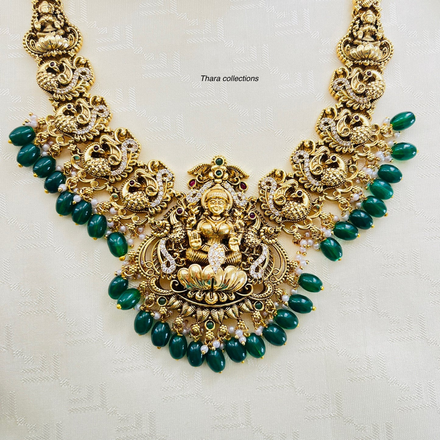 Antique Lakshmi Temple Necklace Set with Green Beads