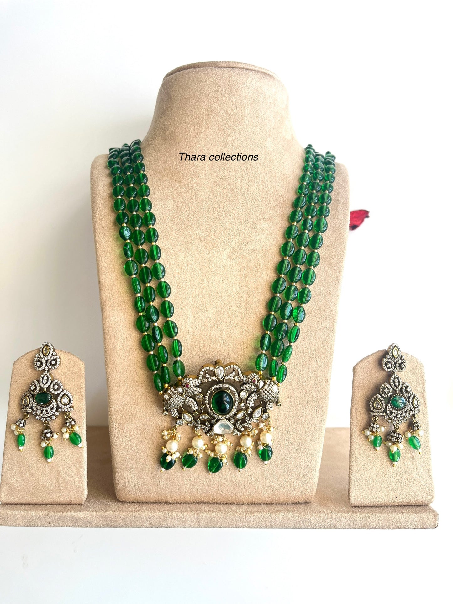 Victorian Green Beaded Choker Necklace Set with Antique Pendant & Earrings