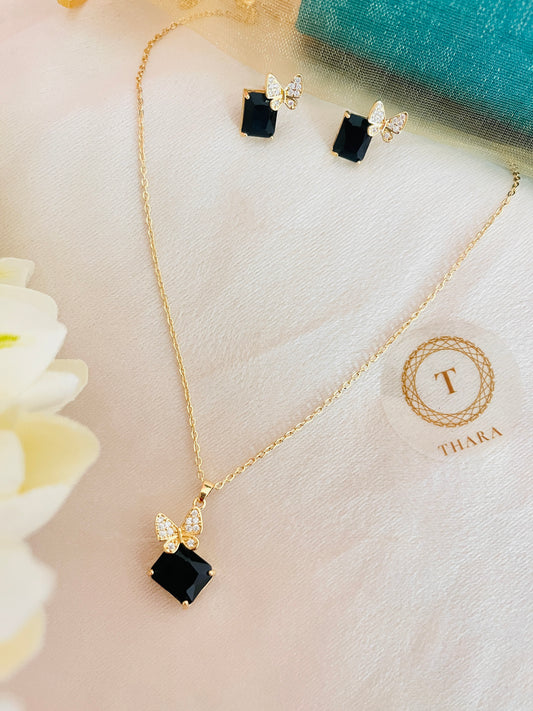 Dainty Butterfly with Square Pendant Chain with Earrings