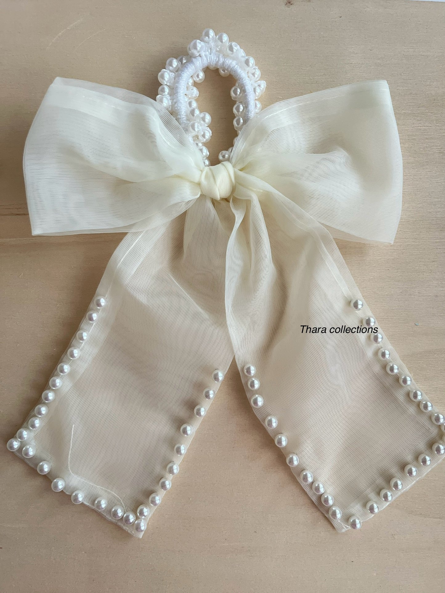 Elegant Pearl-Embellished Organza Bow Hair Tie (For Kids & Adults)