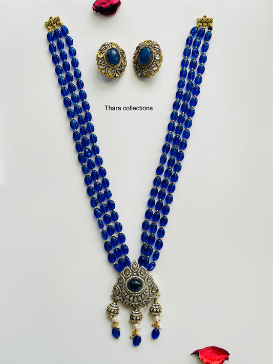 Royal Victorian Blue Beads Necklace Set with Matching Earrings