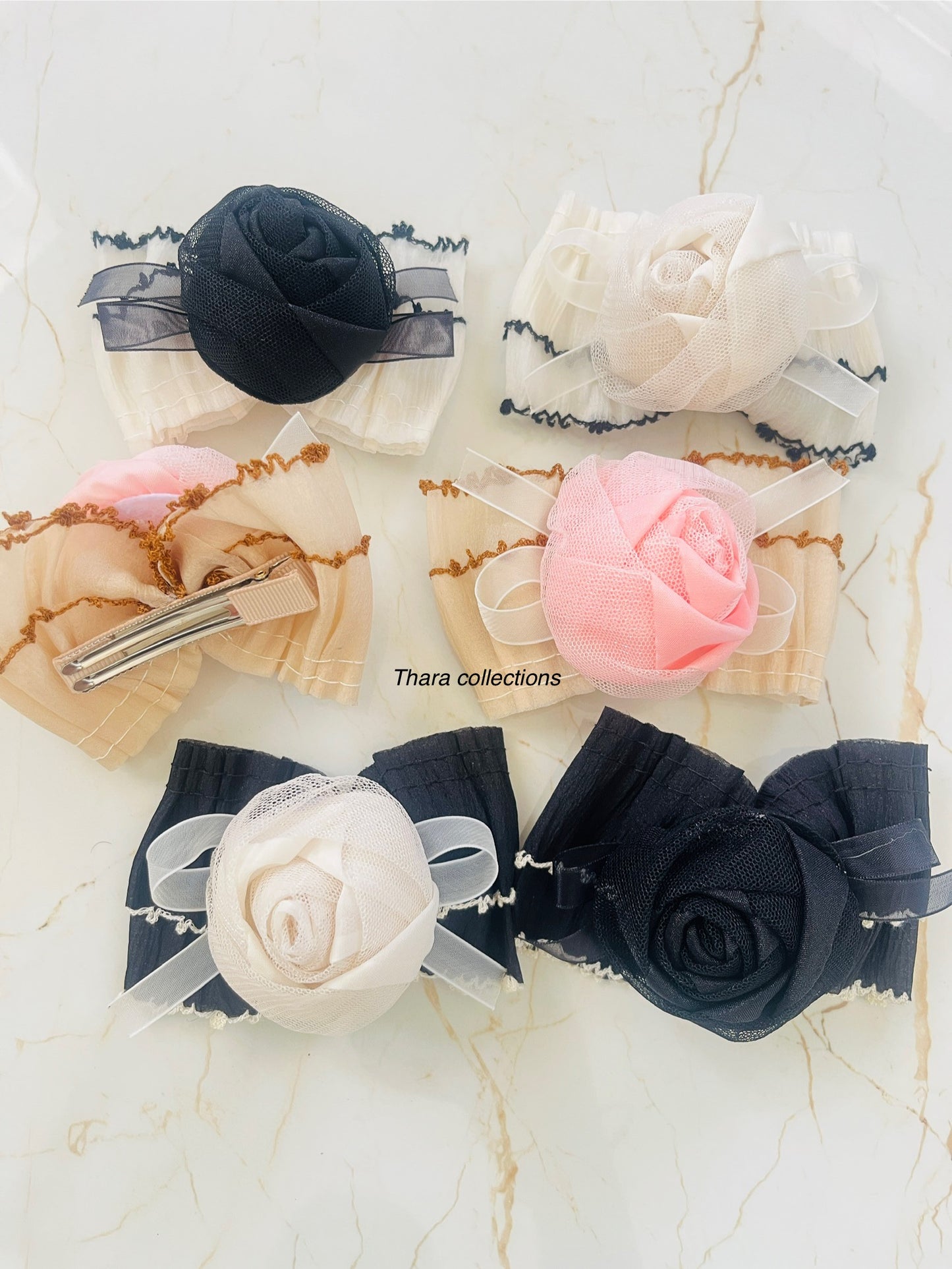 Textured Pleated Bow Clips with Net Rose Center