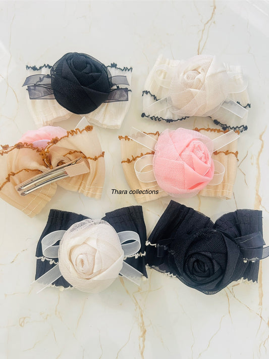 Textured Pleated Bow Clips with Net Rose Center