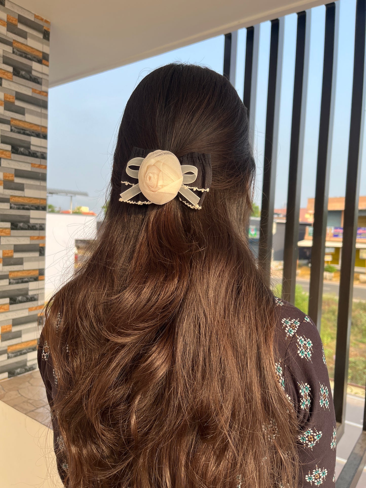 Textured Pleated Bow Clips with Net Rose Center