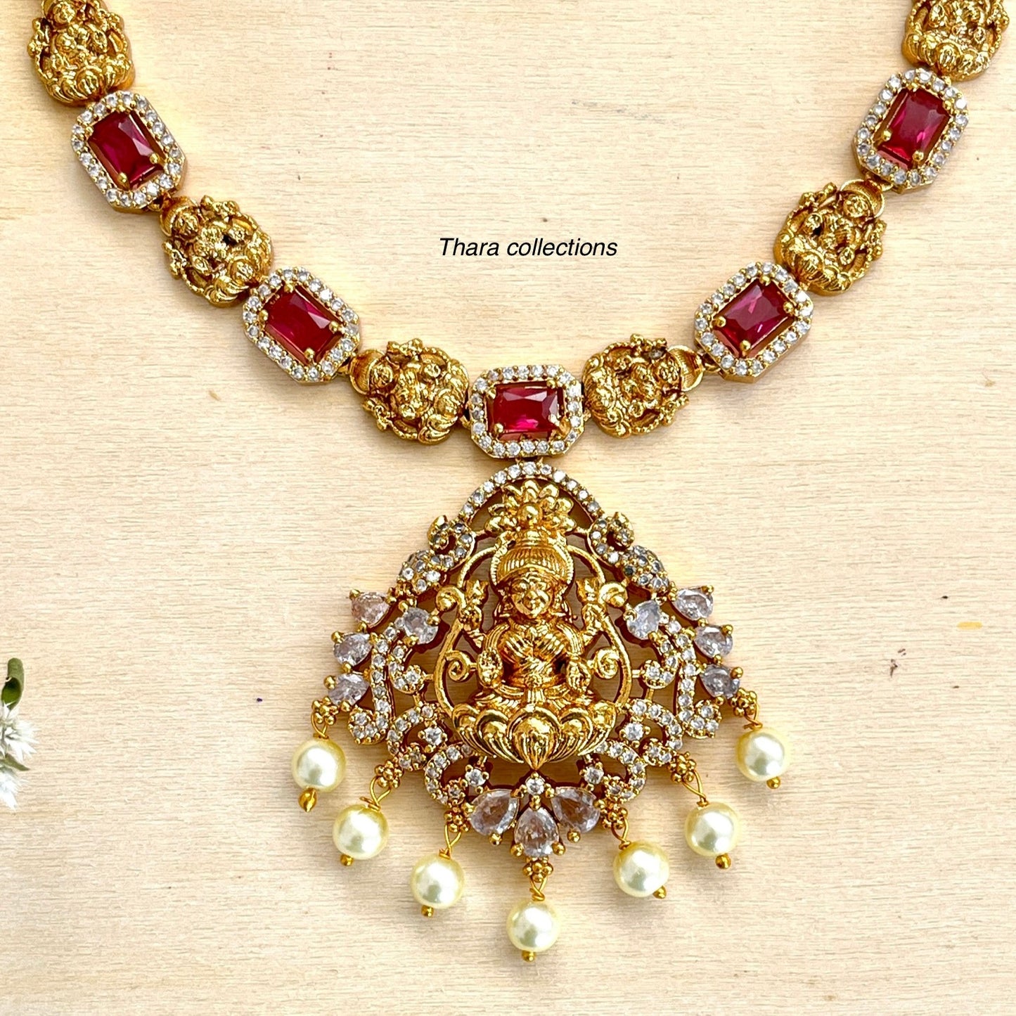 Grand Lakshmi Pendant Temple Necklace Set - Red