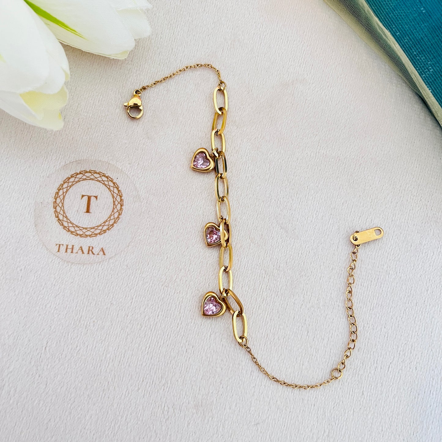 Pink Heart Dangling Chain Bracelet