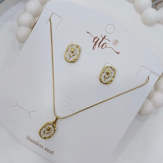 Rose embossed white marble antitarnish pendant and earring combo set by Thara Collections TA127